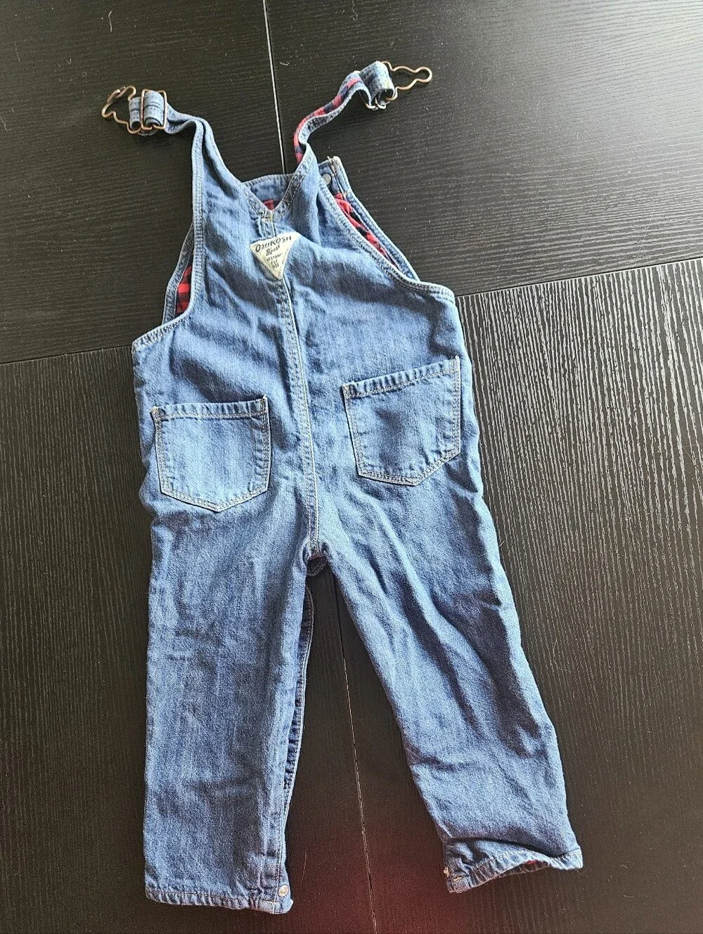 OshKosh B'gosh Blue Denim Kids Overalls with Red Plaid Cuffs
